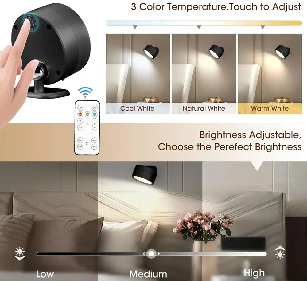 LED Wall Sconces Light, 3 Brightness Levels 3 Color Modes Wall Lights Battery Operated 360° Rotatable Touch Control Wall Lamp